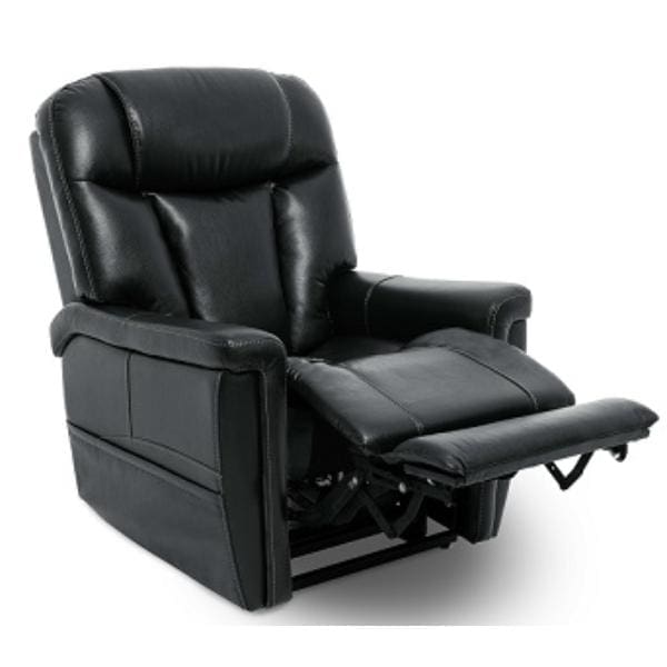 Experience the pinnacle of comfort with our Ultimate Sleep Chair rental in Nashville, TN. This black leather recliner features padded armrests and an extended footrest for extra relaxation, all set against a sleek white background.