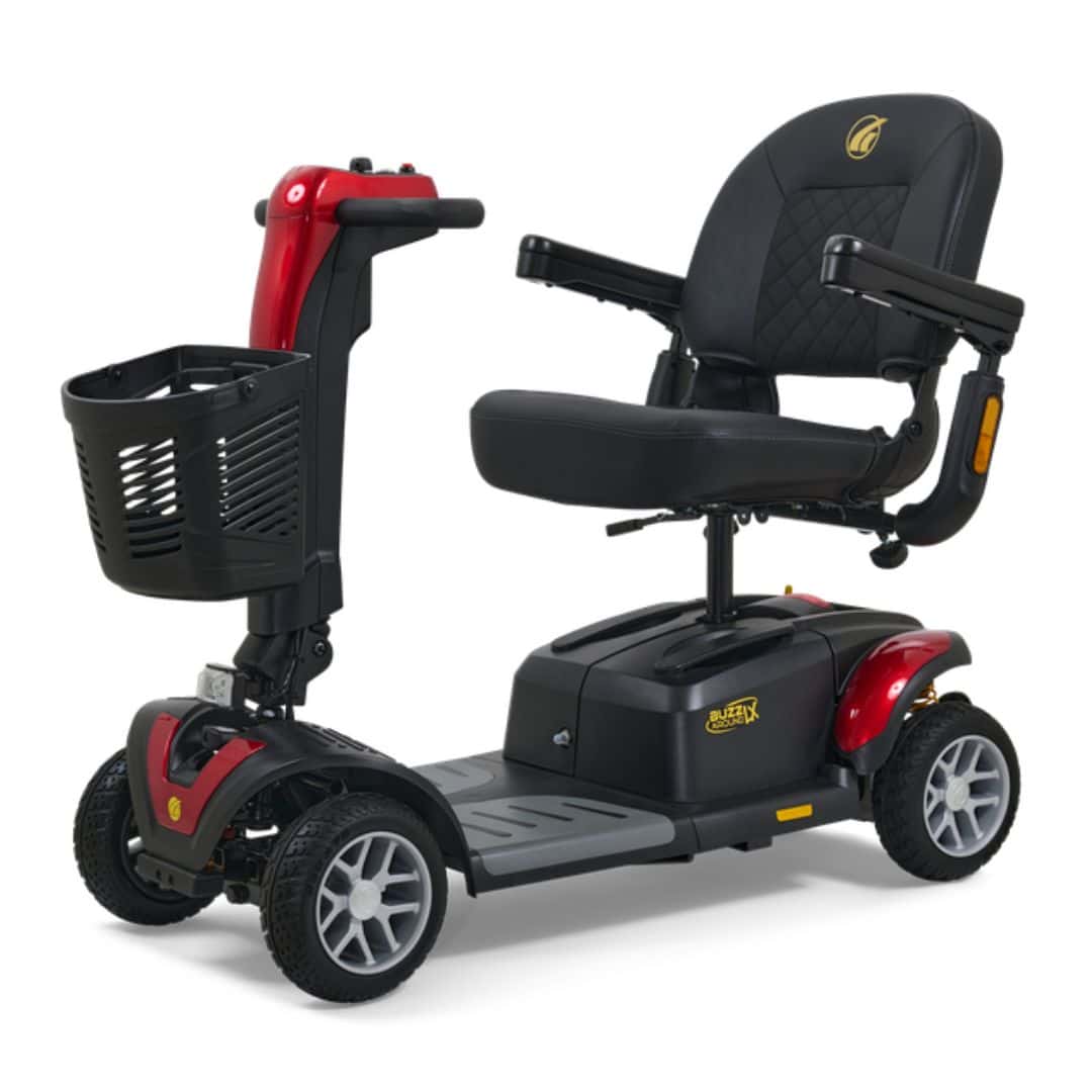 The Buzzaround LX 4-Wheel scooter showcases a vibrant red and black design, featuring four solid wheels, a plush black seat with armrests, a convenient front basket, and user-friendly handlebars for effortless steering.