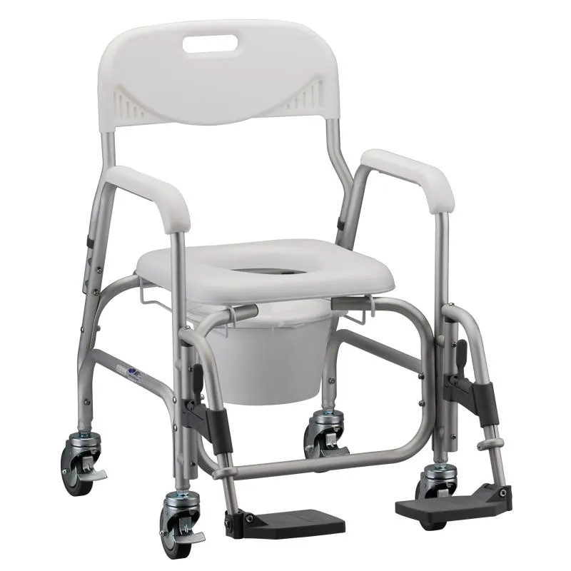 The Shower Bay Portable Roll in Shower is a grey and white mobile commode chair featuring armrests, footrests, and four wheels. It includes a removable seat cover that reveals a toilet opening, catering to individuals with mobility needs.