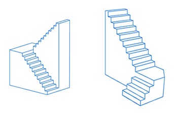 Two optical illusion drawings of staircases captivate the eye. The left staircase appears to loop continuously upwards, resembling a FAQ on stair lifts, while the right showcases a seemingly impossible ascending view. Both are outlined in blue on a white background.