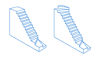 Illustration of two staircases. The left is a regular linear staircase, often seen in FAQ about stair lifts for accessibility, while the right shows an impossible staircase, an optical illusion with steps that appear to loop endlessly. Both are drawn in blue lines.