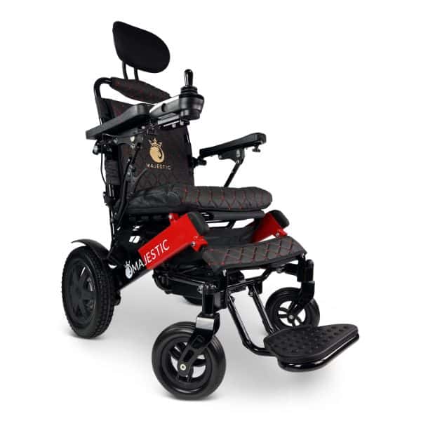 The Majestic IQ-9000 Electric Wheelchair is a folding power chair in red and black, featuring a headrest, right-arm joystick control, and a footrest. Its four wheels provide stability, and the sturdy frame prominently showcases the Majestic brand.
