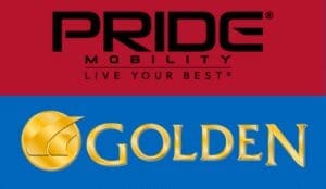 Split image of two logos: Top half is a red background with the text PRIDE Mobility Live Your Best® in black, highlighting Pride Mobilitys commitment to quality. Bottom half is a blue background featuring Golden Technologies gold logo and the text GOLDEN in gold, showcasing their excellence.