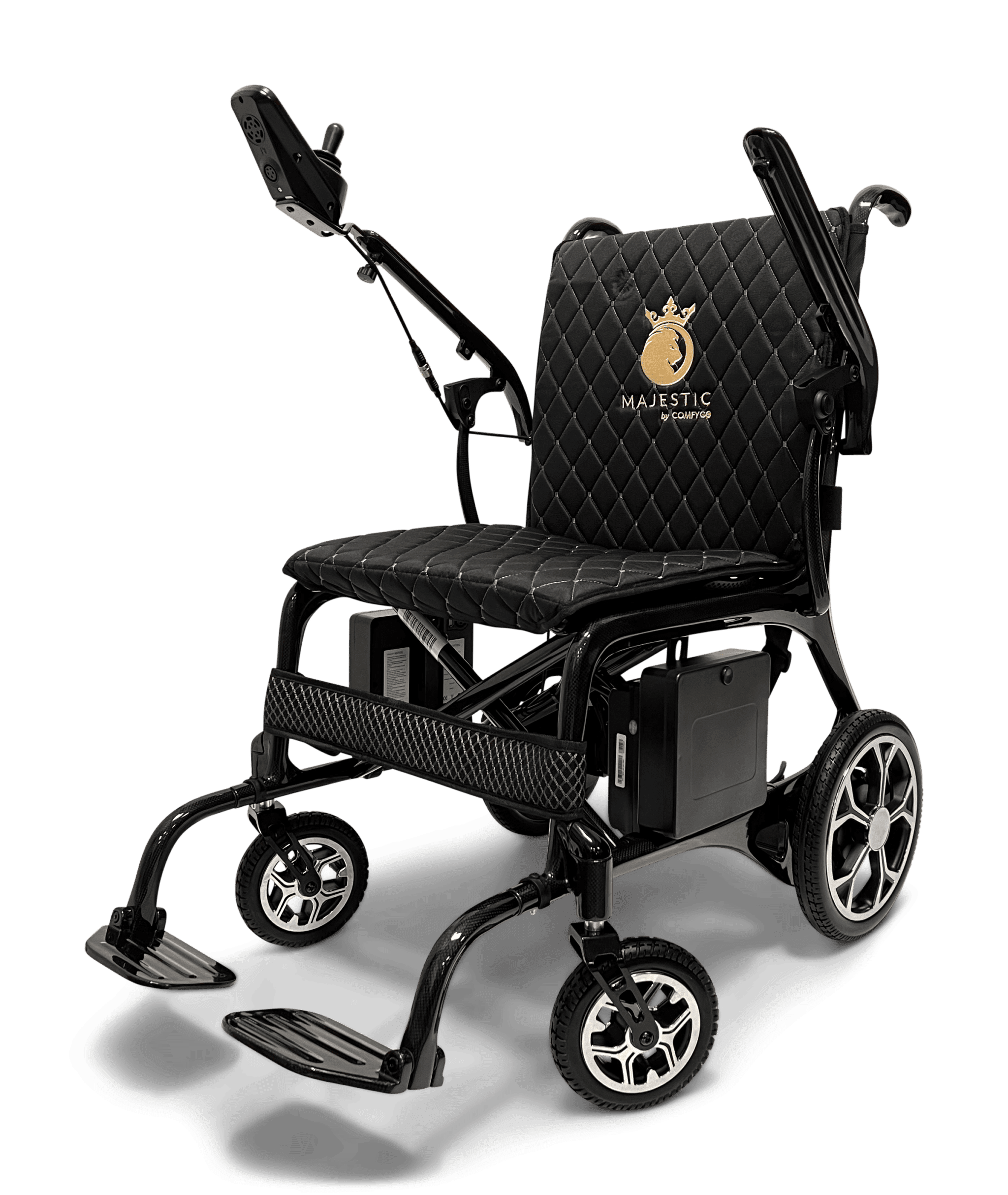 Introducing the Phoenix Carbon Fiber Electric Wheelchair: Lightweight - a sleek design with quilted padding, armrests, and joystick control. The backrest features a gold lion logo with MAJESTIC, and its four wheels have metallic silver accents.