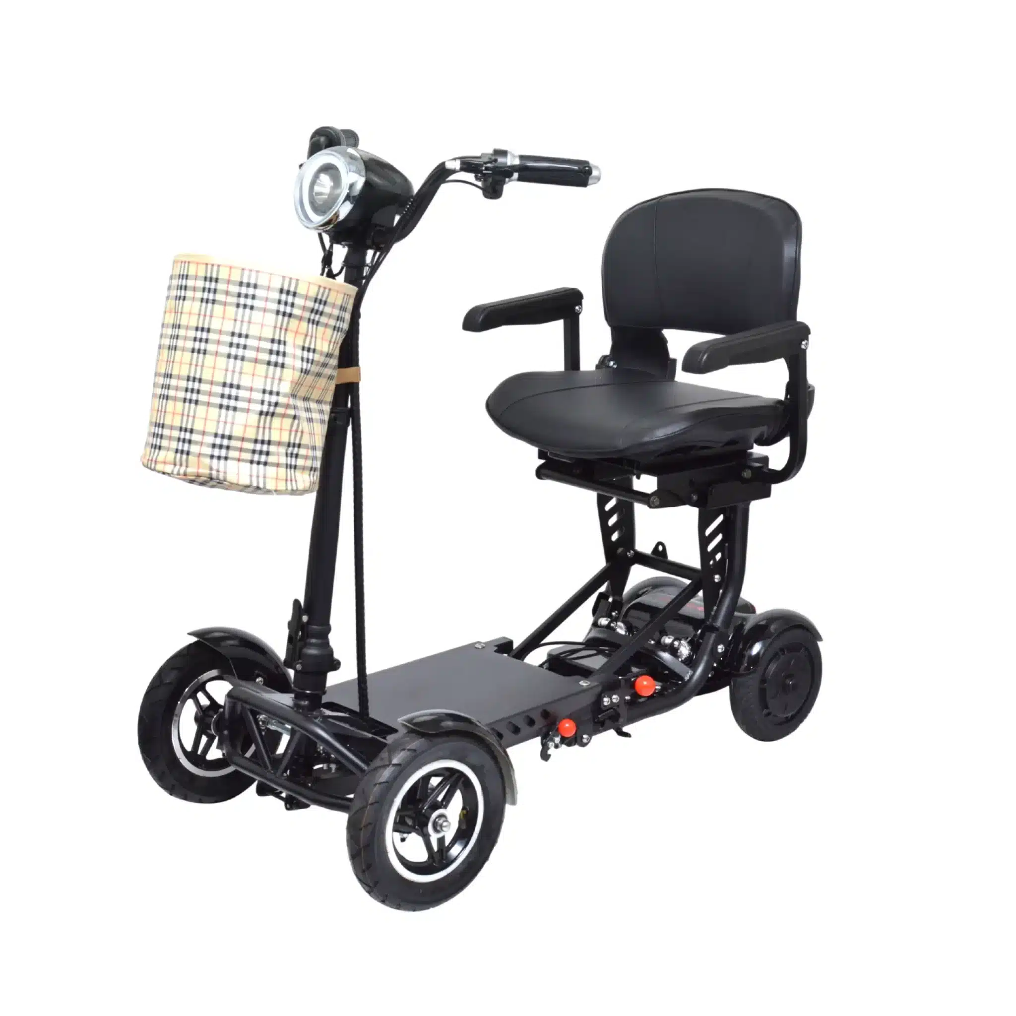 The COMFYGO MS-3000 offers a sleek black design with four wheels, a headlight, and plaid-patterned storage. It includes a padded seat with armrests, handlebars, and an intuitive control panel for easy use.