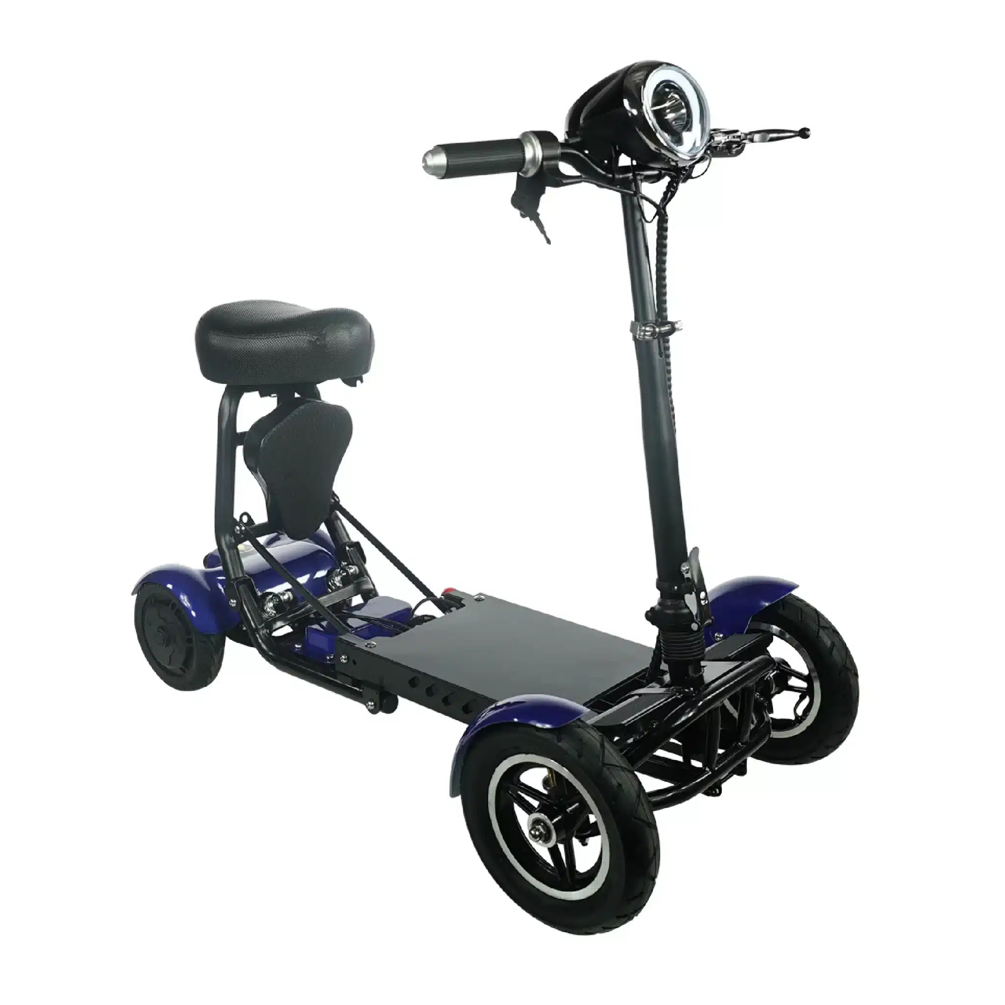 The COMFYGO MS-3000 Foldable Mobility Scooter is a blue and black electric model with four wheels, a seat, and a prominent handlebar. It features a front-wheel headlight, combining comfort and stability for diverse terrains.