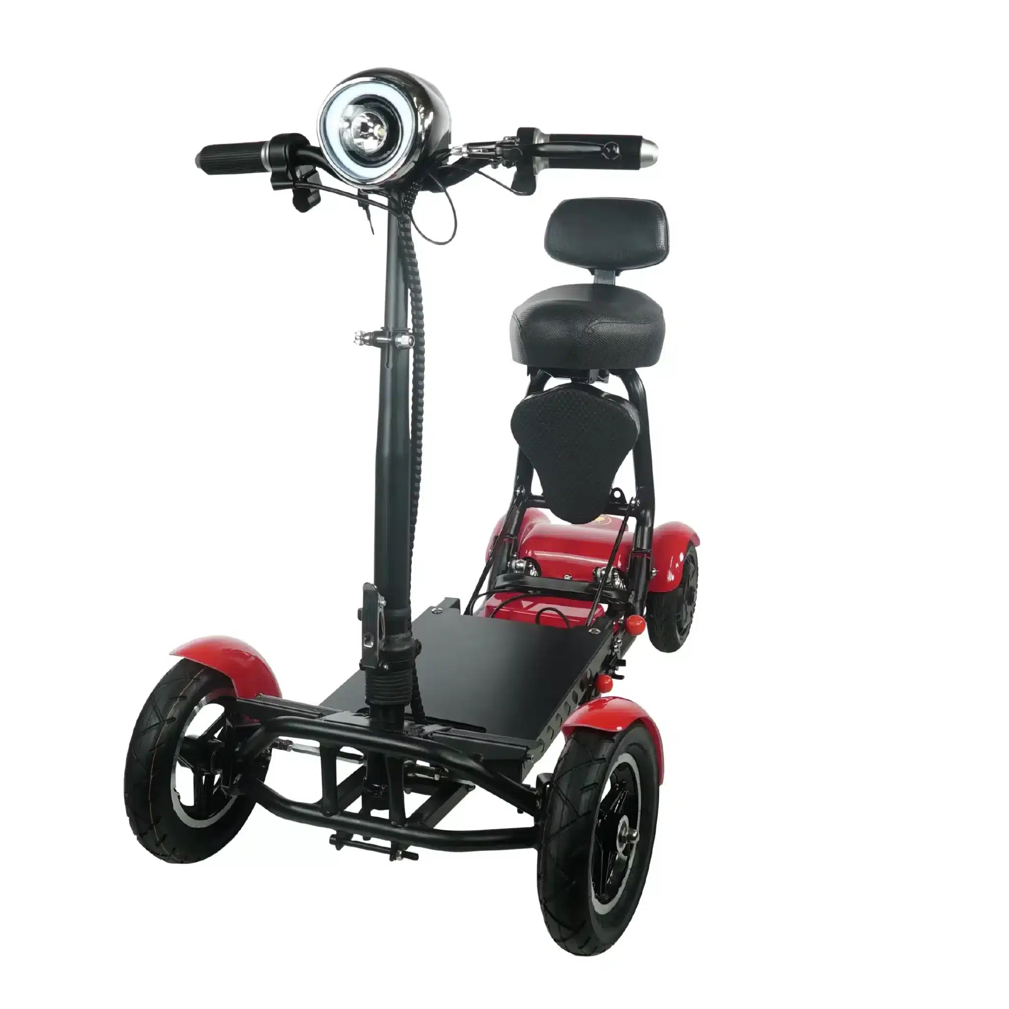 The COMFYGO MS-3000 Foldable Mobility Scooter features a sleek black and red design with a comfy seat, handlebars, and front headlight. Its four wheels provide stability, while its robust construction ensures safe rides.