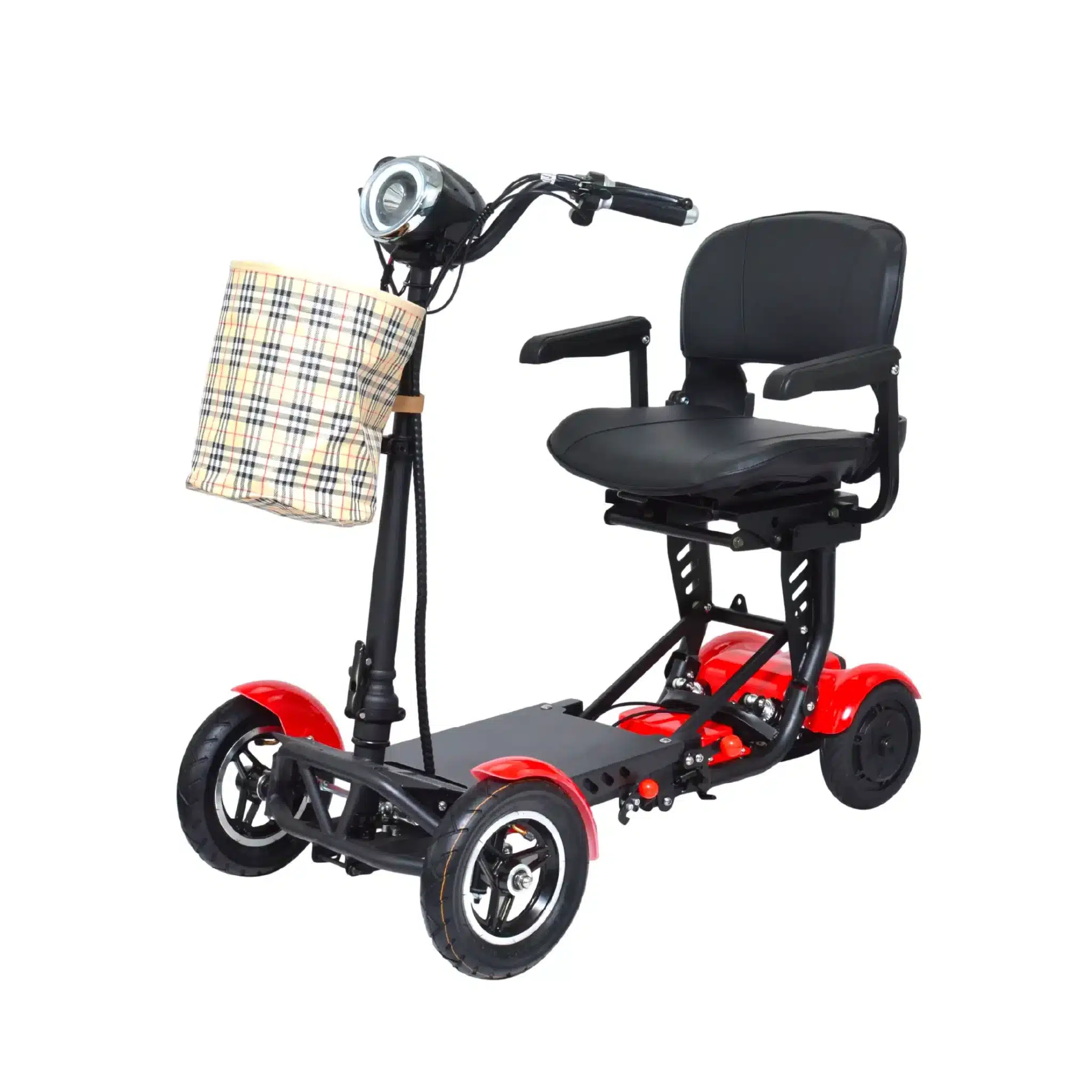 A COMFYGO MS-3000 Foldable Mobility Scooter in red, featuring a black seat and handlebars, armrests, four wheels for stability, and a plaid-patterned front bag. Its expertly posed on a white background.