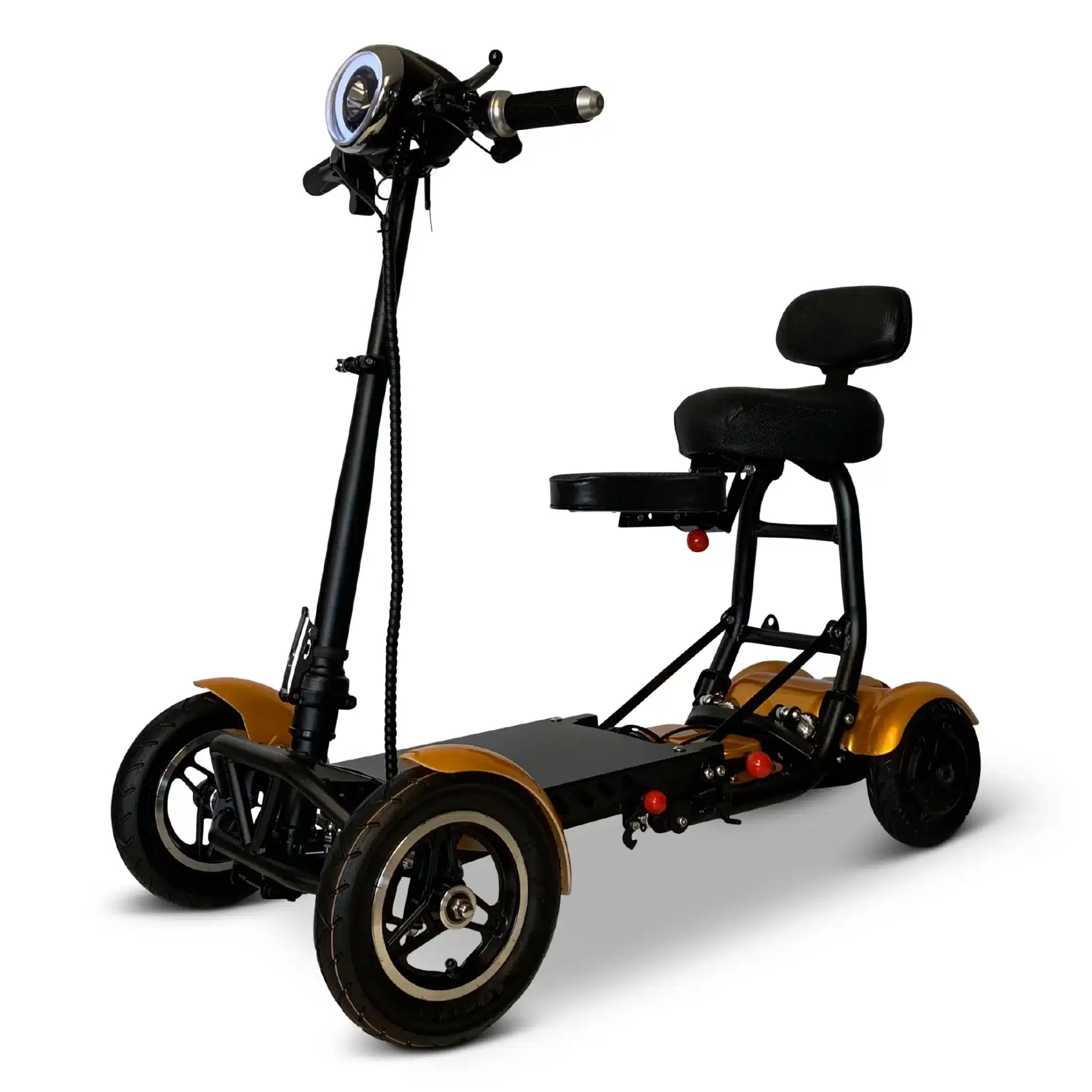 The COMFYGO MS-3000 Foldable Mobility Scooter is a three-wheeled electric scooter with a black frame, brown fenders, cushioned seat, front-lit handlebars, sturdy wheels, and an adaptable design for sitting or standing.