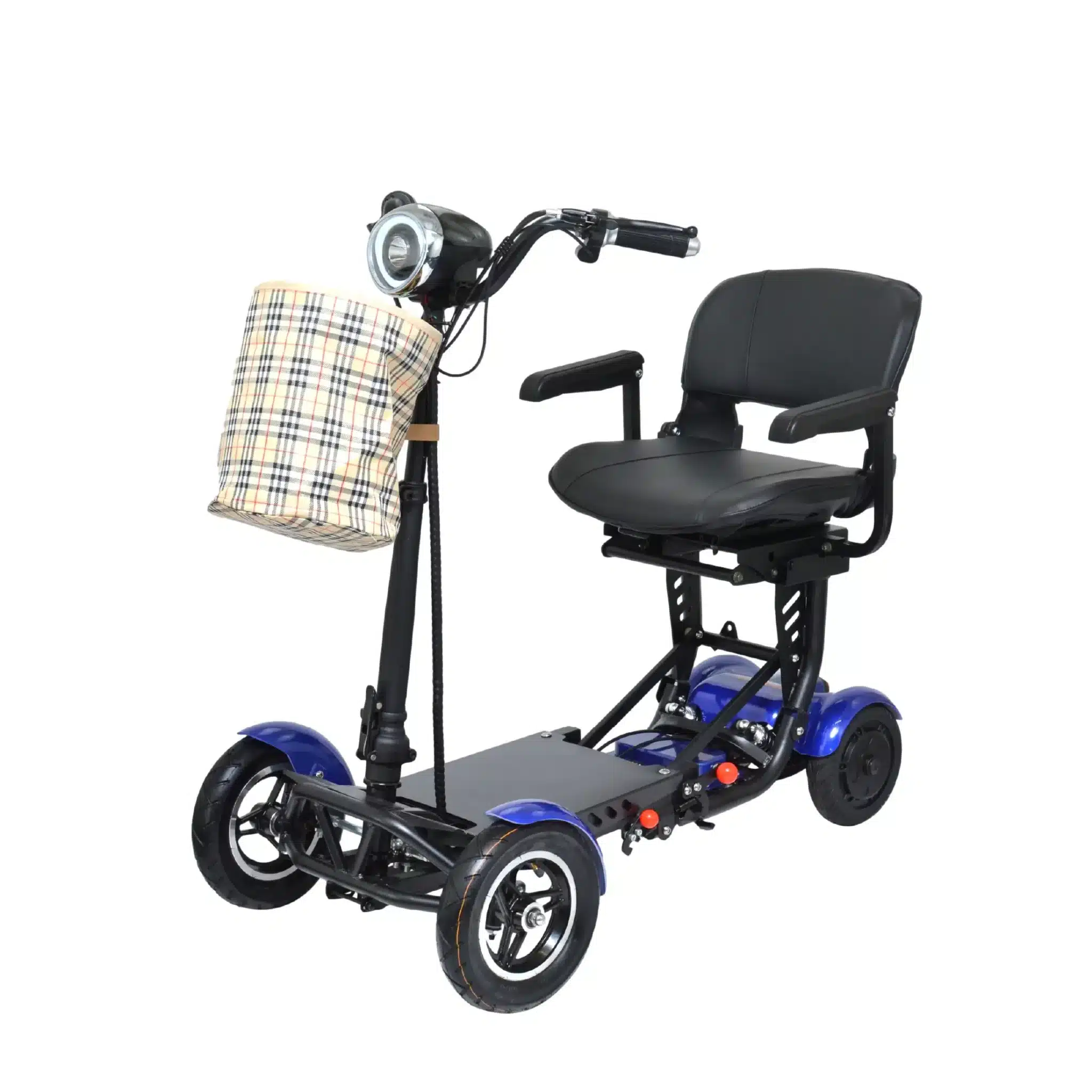 The COMFYGO MS-3000 Foldable Mobility Scooter sports a blue and black design, four wheels, a comfortable seat with armrests, and a plaid-patterned basket on the handlebars. It is enhanced with a headlight and red accents on the seat base for added style and practicality.