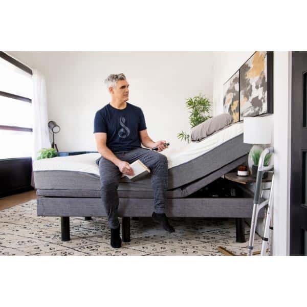 A person sits on the edge of a Passport Hi Low Adjustable Bed in a modern bedroom, with the head raised. Holding a remote and a book, they are surrounded by natural light, wall art, and potted plants.