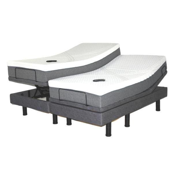 The Passport Hi Low Adjustable Bed comes with two white mattresses and a sleek dark gray base, allowing head and feet tilt for customizable sleeping positions. Its cushioned, ergonomic design offers ultimate relaxation.
