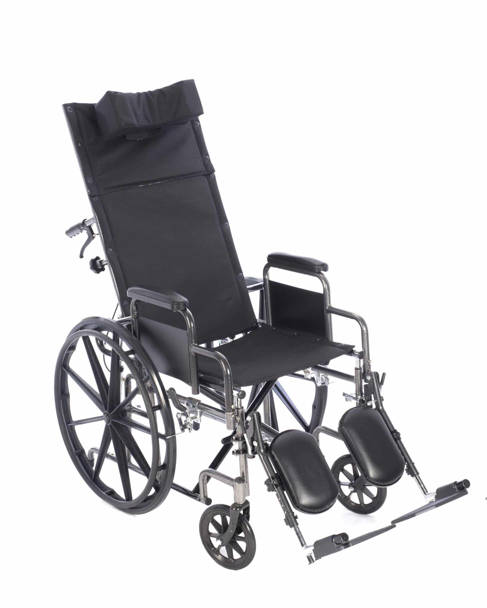 The Chariot-RC Reclining Wheelchair, shown in black, offers enhanced mobility and support with its supportive headrest, footrests, large rear wheels, and smaller front wheels for individuals with physical disabilities.