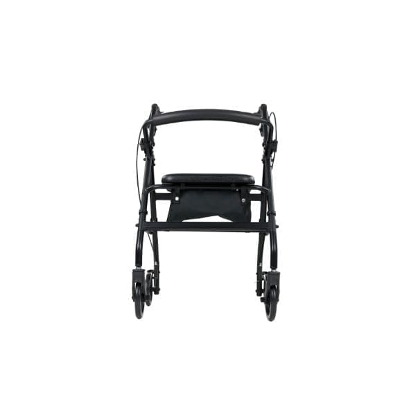 The Vive Lightweight Rollator is a sleek black walker with four wheels, ergonomic handles, and a padded seat. Its collapsible and lightweight for mobility support on-the-go, making it ideal for users seeking extra assistance.