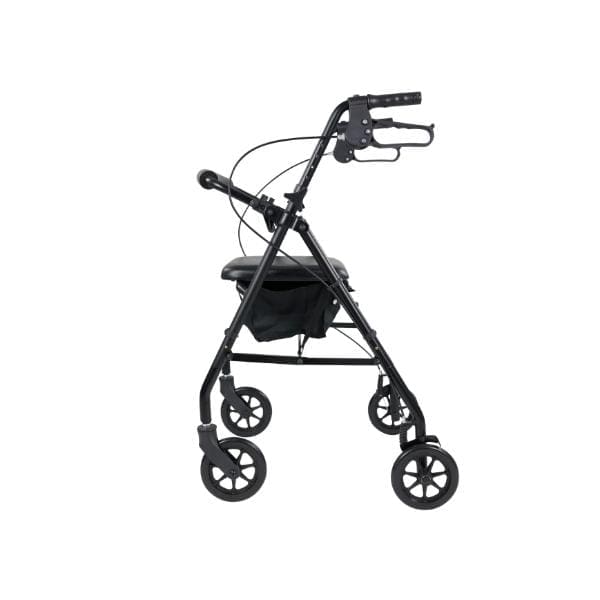 The Vive Lightweight Rollator has a black frame with four wheels, a padded seat, and hand brakes. It features a storage compartment under the seat and is designed to be lightweight and foldable for easy transport.