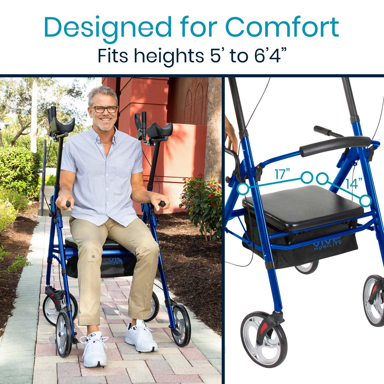A man uses the Vive Upright Walker Series T in an outdoor setting with trees and a pathway. The blue mobility aid, featuring armrests and large wheels, is designed for users 5 to 64 tall. It offers comfort with a seat measuring 17 inches wide by 14 inches deep.