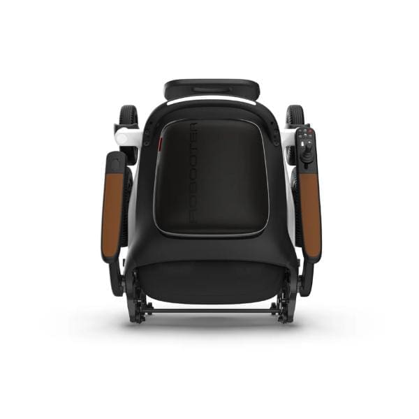 Seen from the front, the stylish black Golden Technologies E40 Ally Lightweight Folding Electric Smart Chair by All Star Medical showcases brown-accented armrests and a right-side joystick. This compact, modern design is portable and travel-friendly.