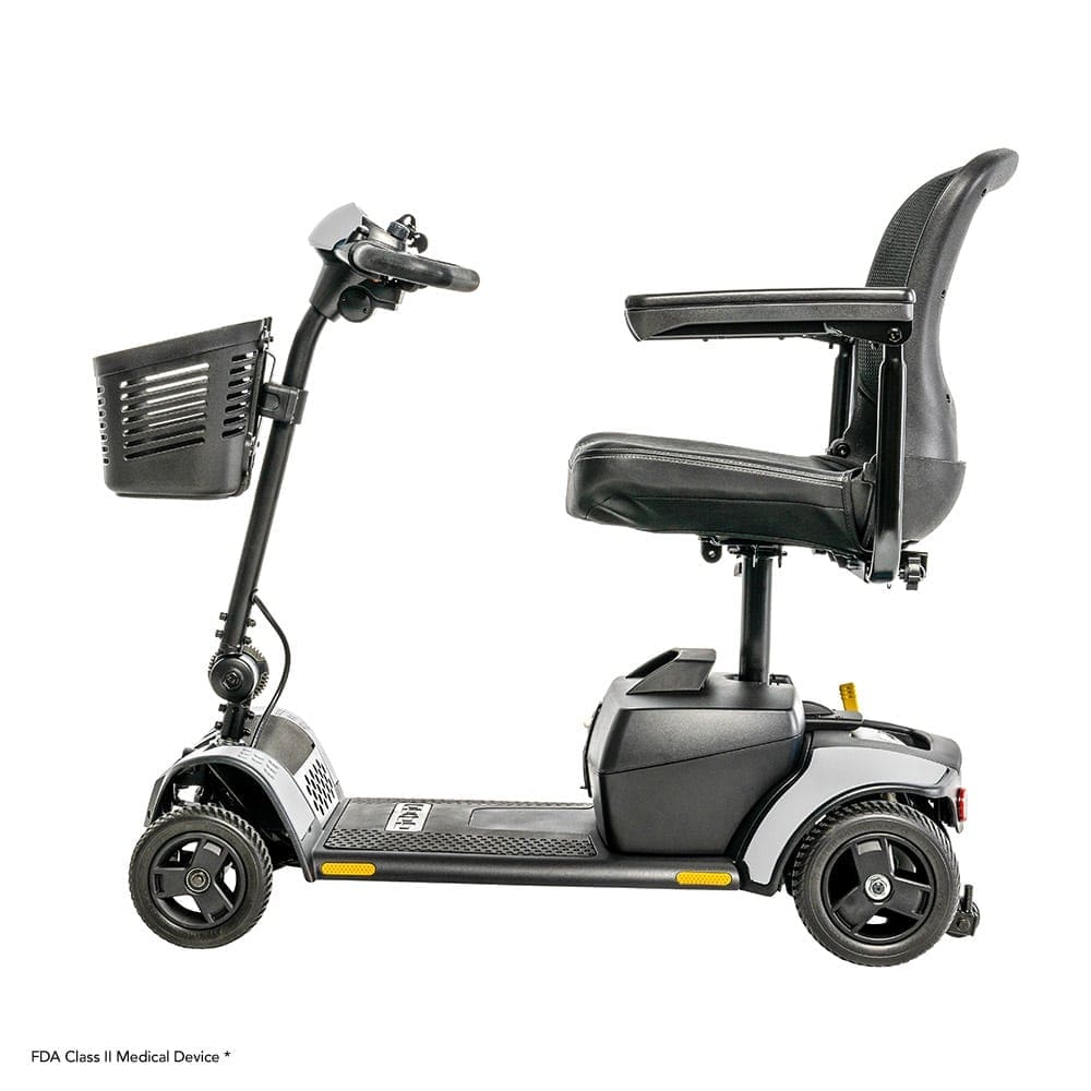 The GoGo Elite Traveller 2 by Pride is a black three-wheel mobility scooter with a comfy seat, front basket, sturdy platform, and handlebars for easy maneuverability and transportation.