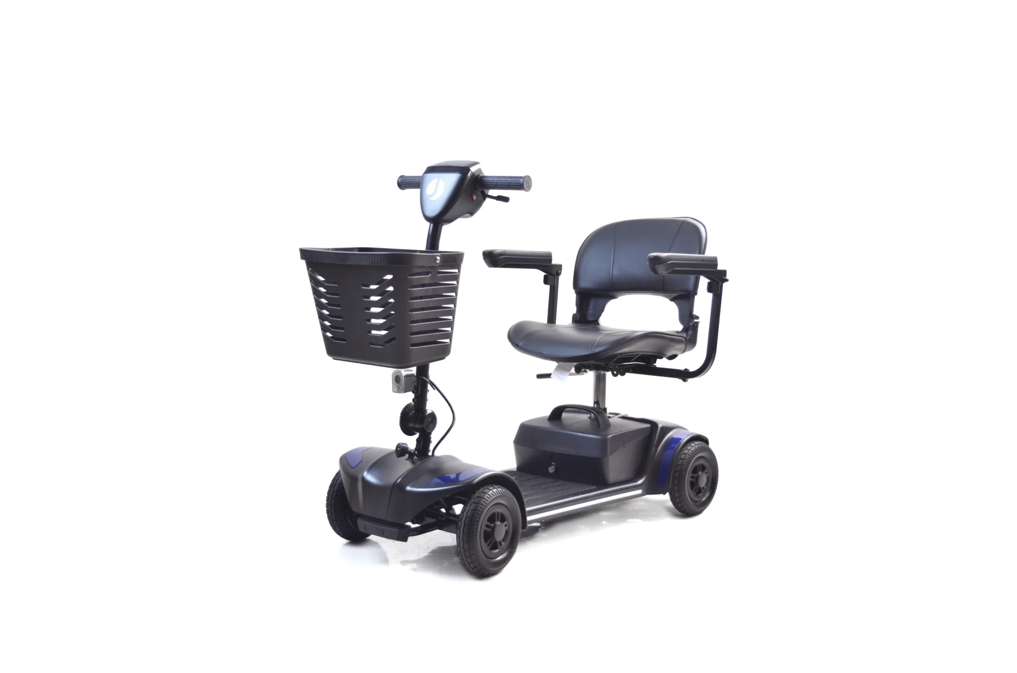 The Journey Adventure Scooter features a sleek blue and black design, a padded seat with armrests, handlebars with controls, and a front basket for storage. Its elegantly presented against a plain white background.