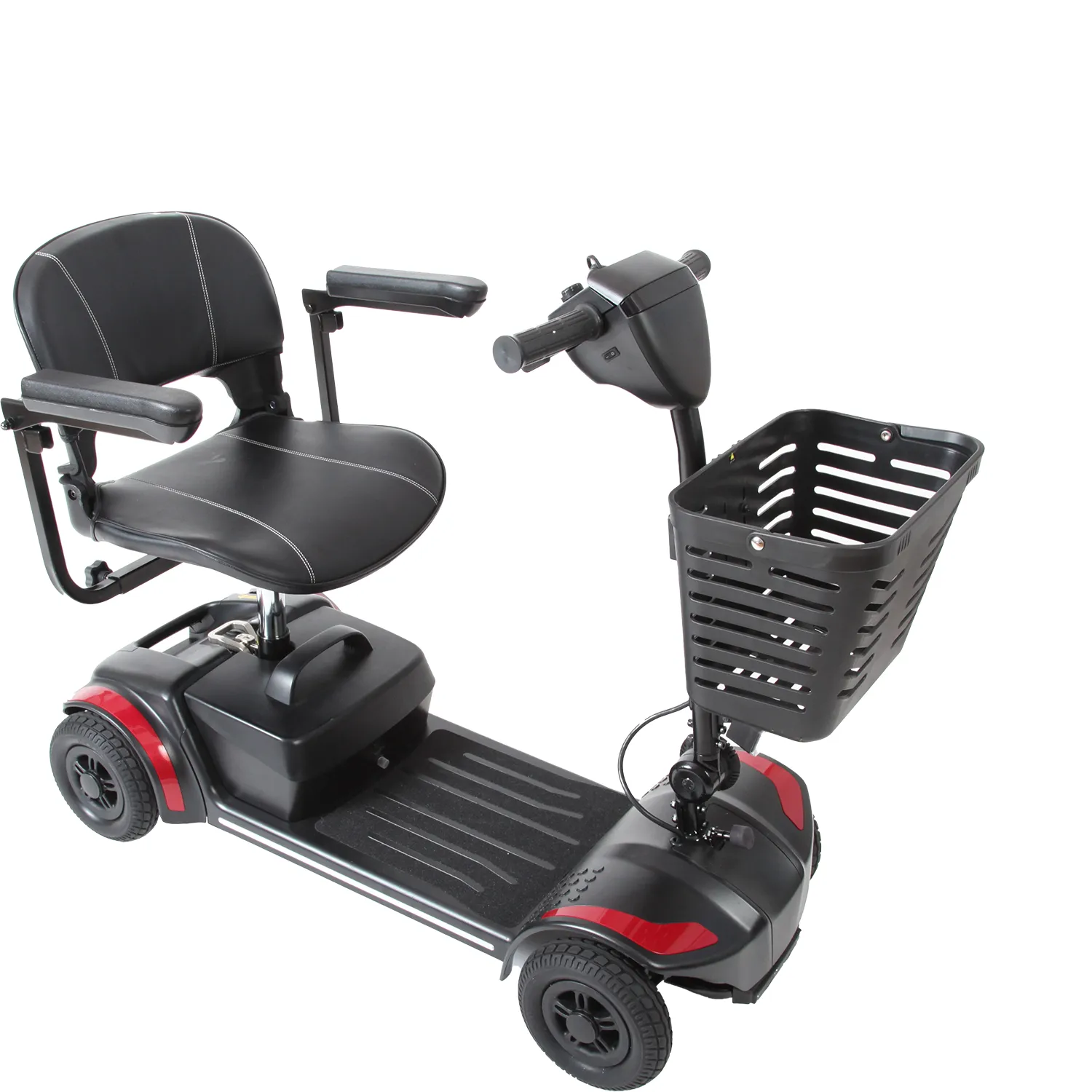 The Journey Adventure Scooter features a sleek black design with a cushioned seat, armrests, and control handlebars. It includes a detachable front basket and stylishly functional red accents on the base, complemented by four small wheels.