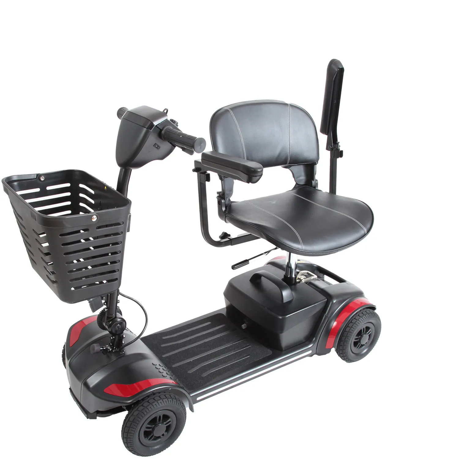 The Journey Adventure Scooter features a black leather seat, armrests, and a small front basket. It offers personal mobility with four wheels, a footrest, and red accents near the rear wheels—perfect for those seeking comfort and style on the go.