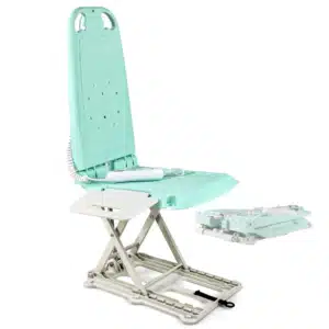 A light aqua SuperHandy GoRise LT Floor Bath Lift with remote reclines slightly. It has a compact base, a white platform for easy access, and an extra folded section beside it.