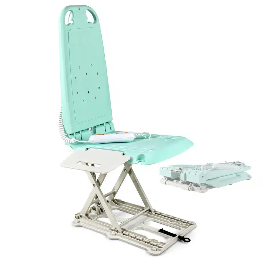 A light aqua SuperHandy GoRise LT Floor Bath Lift with remote reclines slightly. It has a compact base, a white platform for easy access, and an extra folded section beside it.