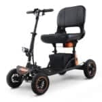 The SuperHandy Explorer Mobility Scooter boasts a heavy-duty design with a plush black seat, four sturdy wheels, and small handlebars. It features a sleek build with under-seat storage and a front headlight for convenience and style, powered by a 48V 2Ah battery supporting up to 350lbs.