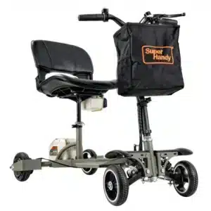 The SuperHandy Passport Pro Scooter offers a black seat, a Super Handy bag on the handlebars, and four sturdy wheels for stability. It ensures comfort and ease of use, providing a smooth ride everywhere you go.