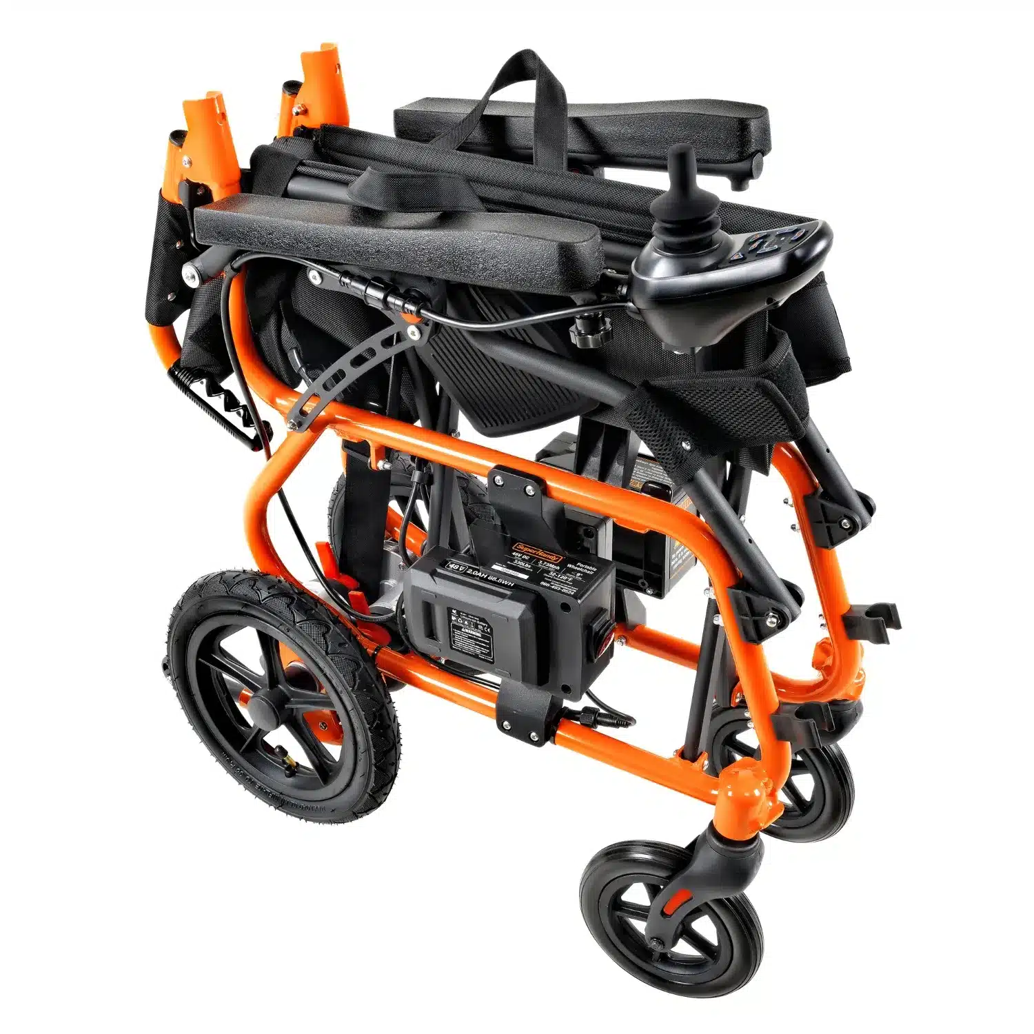 The SuperHandy Cares Portable Power Chair is an orange and black foldable electric wheelchair boasting a control joystick, compact design, robust wheels, and a sleek frame for enhanced portability and modern functionality.