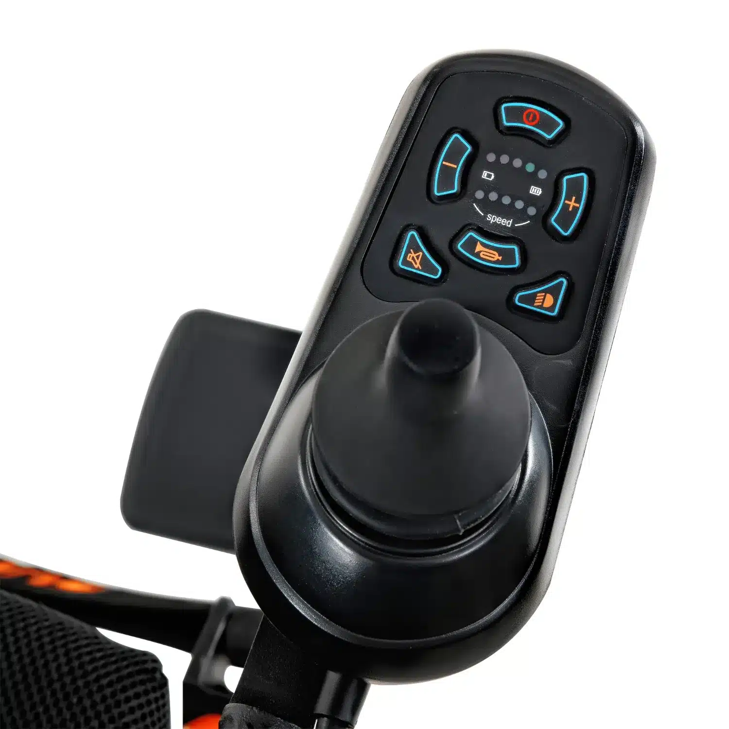 A close-up of the black joystick control panel on the SuperHandy Cares Portable Power Chair displays various buttons and icons, such as a speed indicator and horn. The armrest is visible in the background, emphasizing its design for easy and convenient mobility.