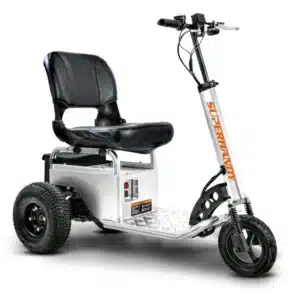 A three-wheeled Electric Utility Scooter Tow Tractor features a cushioned black seat and handlebars. It has a sturdy frame, wide tires, and SUPERSCOOT printed on the frame.