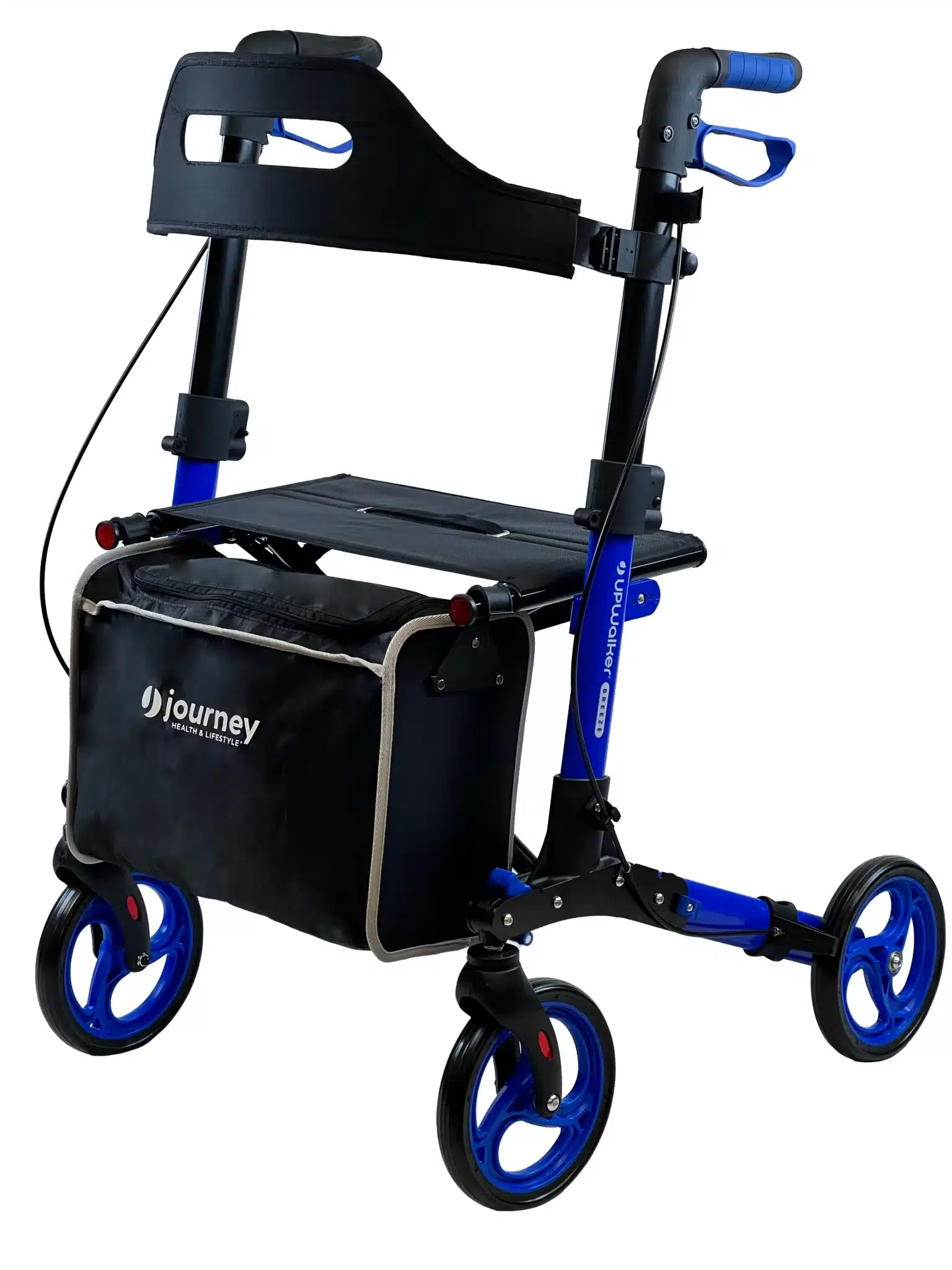 The UPWalker® Breeze, a blue and black mobility walker, includes four wheels, a padded seat, a Journey storage bag, ergonomic handles, and a lightweight frame for enhanced stability and support.