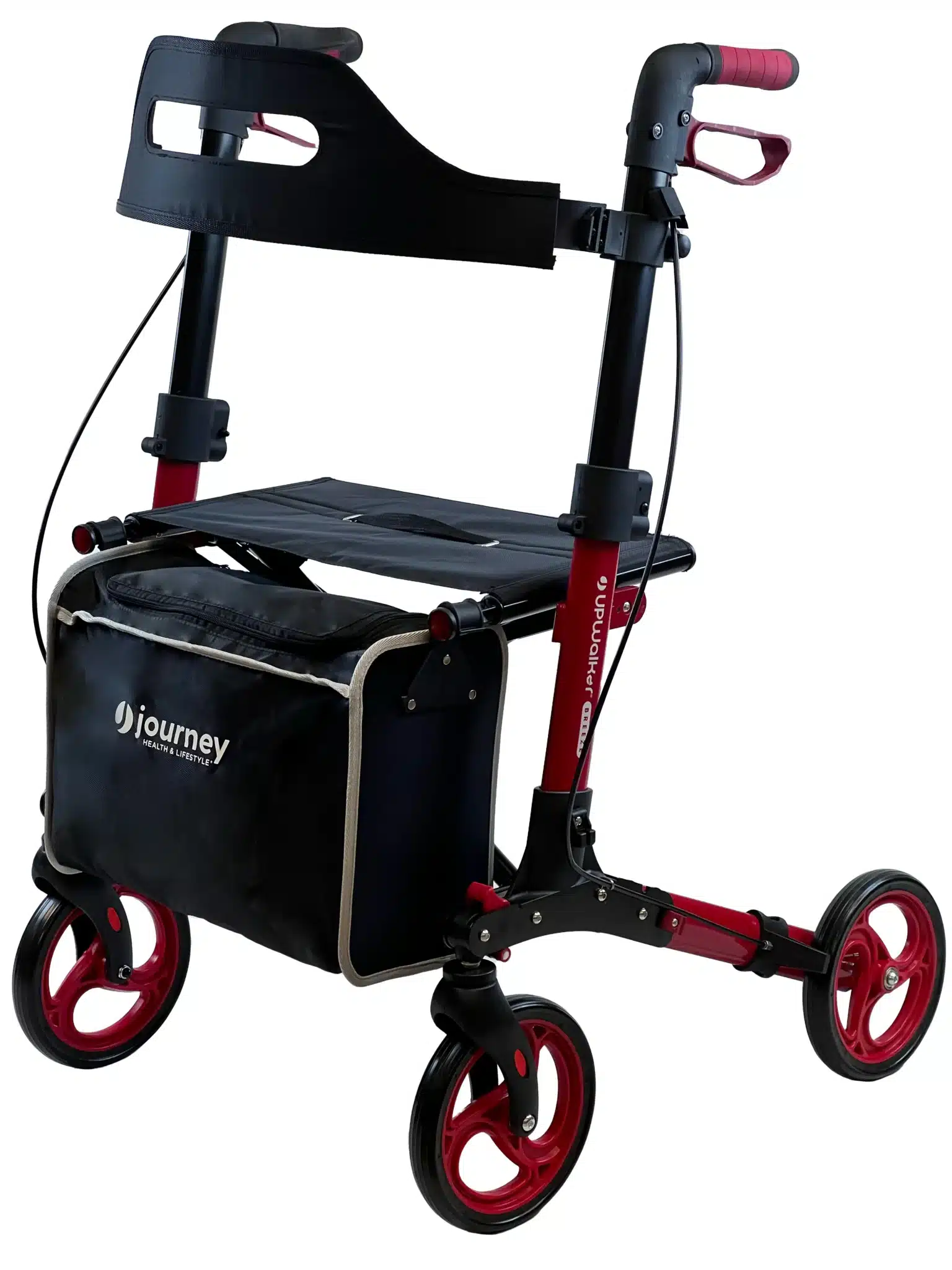 The UPWalker® Breeze Journey wheeled walker comes in red and black, featuring support handles, a convenient seat, four wheels for smooth mobility assistance, and a storage compartment to enhance your adventures.