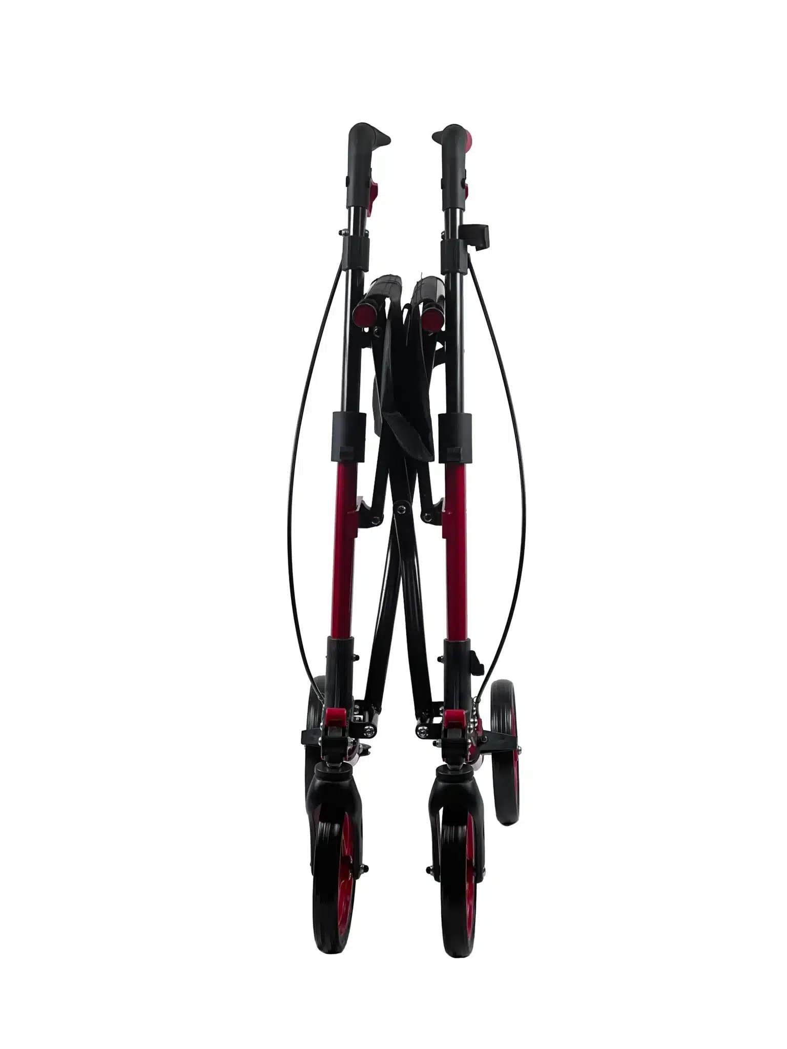 The UPWalker® Breeze is a compact rollator walker in red and black, featuring four wheels and handlebars. Its foldable design simplifies storage and transport, offering convenience for active users.