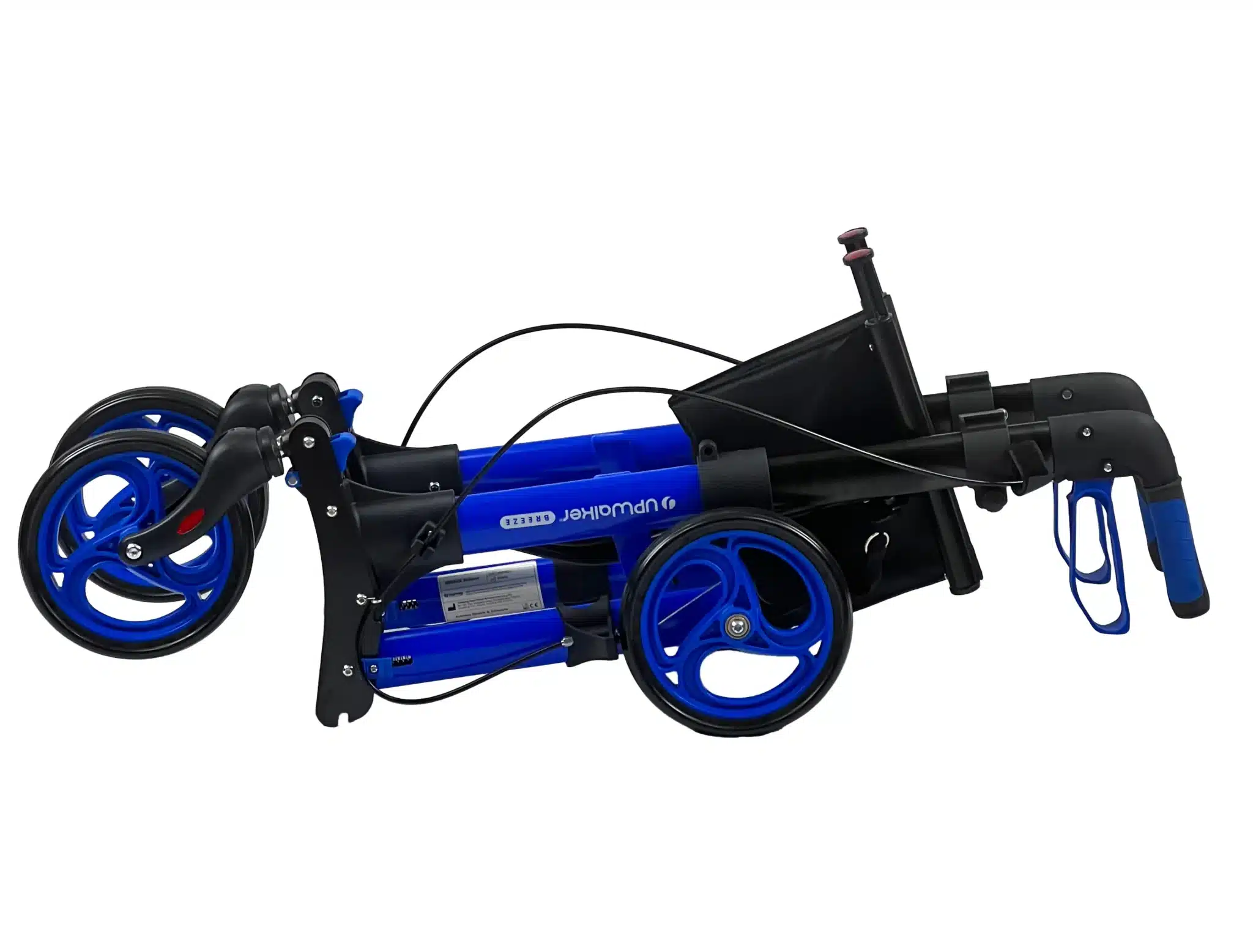 The UPWalker® Breeze, a compact electric wheelchair, boasts a sleek blue and black design with four wheels, a small seat, and blue handlebars for optimal portability and convenience.
