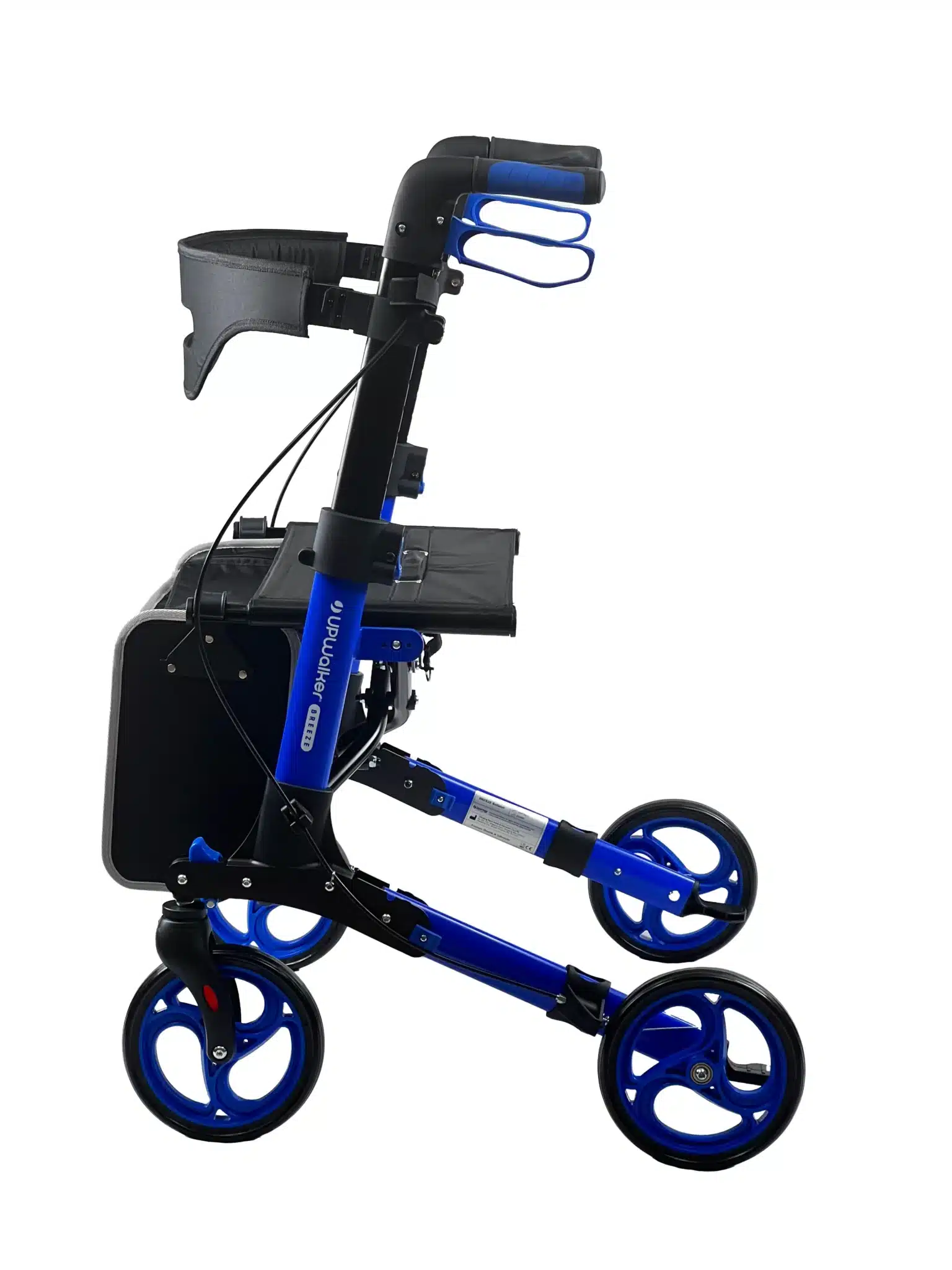 Introducing the UPWalker® Breeze, a compact and foldable blue mobility walker with four wheels. It includes a padded seat, ergonomic handles, backrest, and a handy storage compartment under the seat for easy transport.