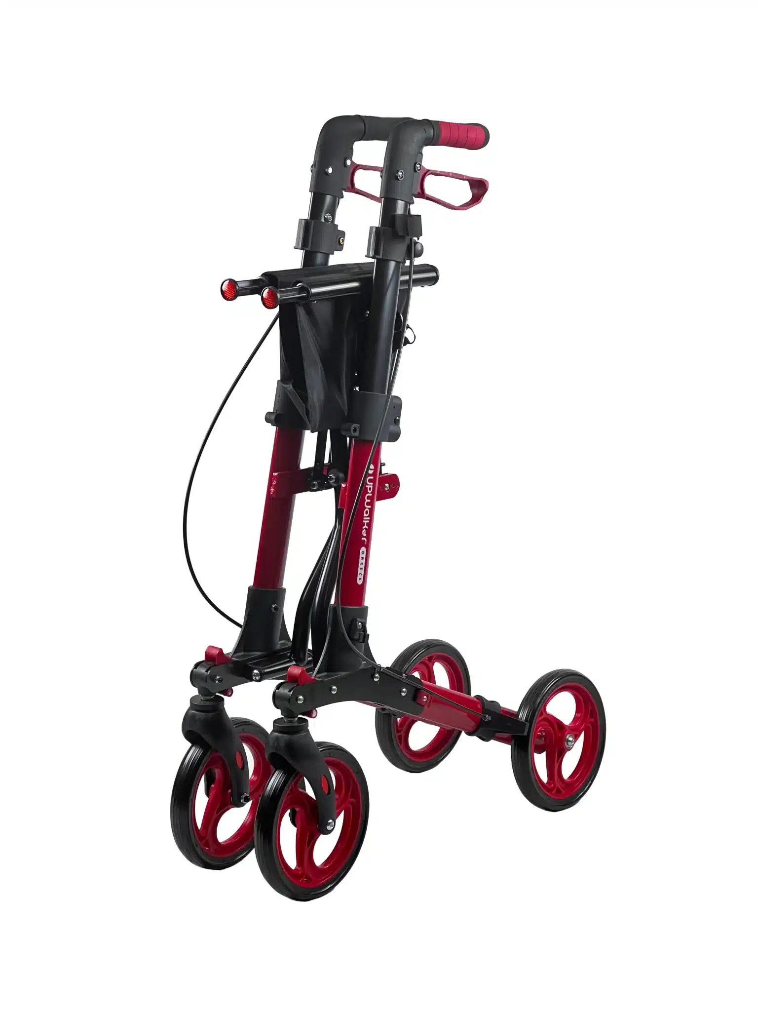 The UPWalker® Breeze is a red and black folding walker with four wheels, hand brakes, and a storage compartment, displayed in an upright, folded position.