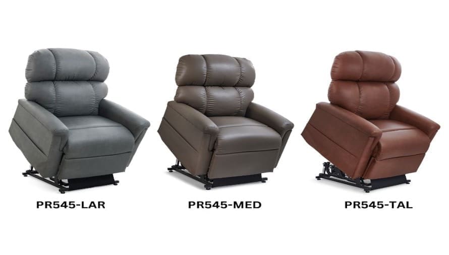 a picture of 3 PR545 lift chairs tilted up. THe one on the left is in grey, the one int he middle is brown and the one on the right is red.