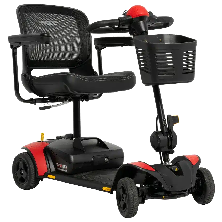 A Go Go Elite Traveller 2 Platinum four-wheeled mobility scooter with a black mesh seat, tiller steering, and a front storage basket.