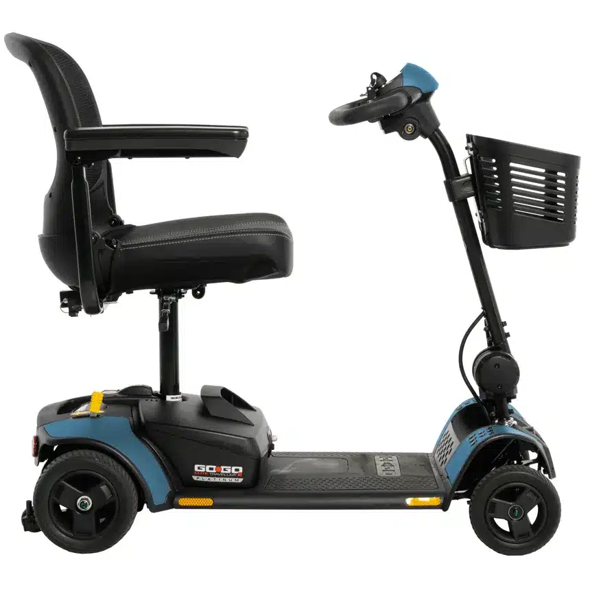 Go Go Elite Traveller 2 Platinum four-wheeled mobility scooter featuring a black padded seat, armrests, and a front-mounted basket.