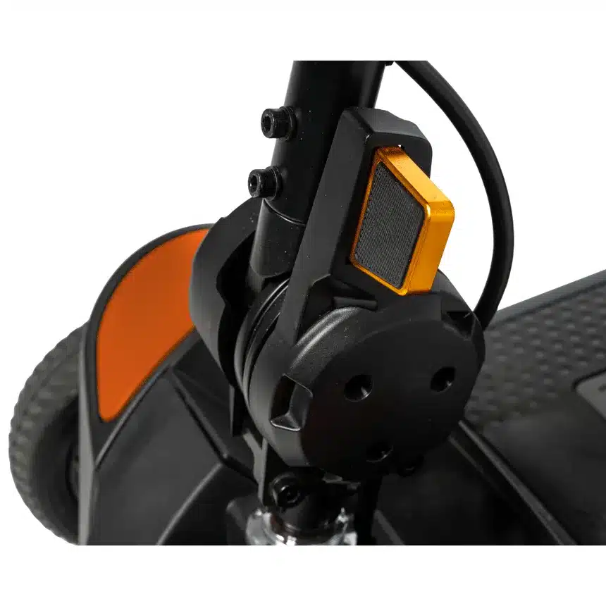 Close-up of the tiller adjustment lever and locking mechanism on a Go Go Elite Traveller 2 Platinum mobility scooter.