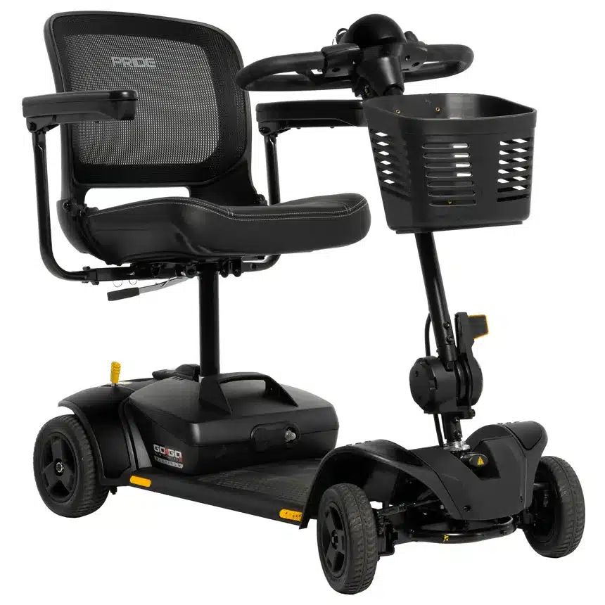 Black Go Go Elite Traveller 2 Platinum four-wheeled mobility scooter with a mesh backrest, a swivel seat, and a front-mounted storage basket.