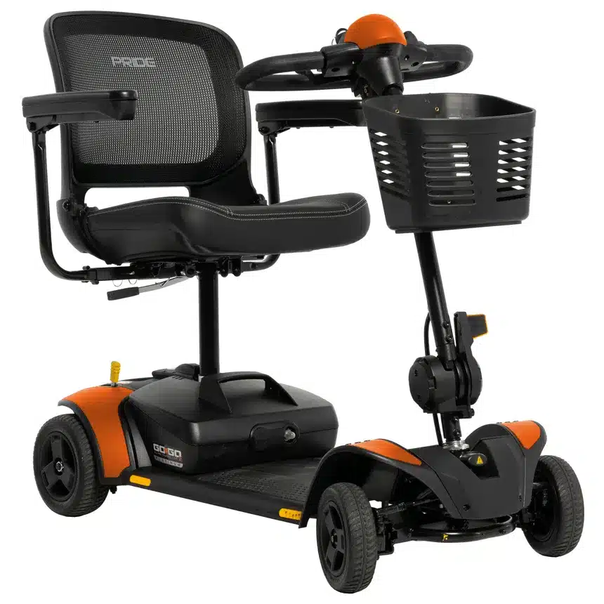 Go Go Elite Traveller 2 Platinum mobility scooter with an orange frame, black mesh seat, and a front-mounted storage basket.