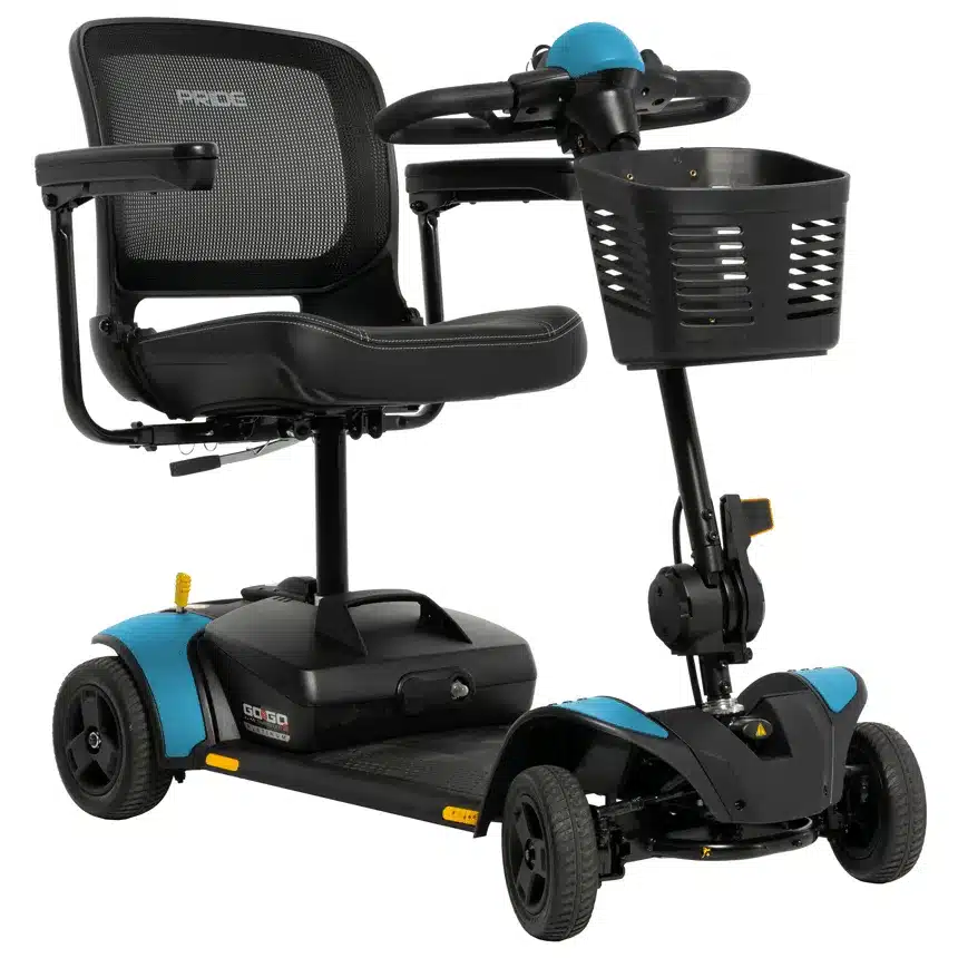 Go Go Elite Traveller 2 Platinum four-wheeled mobility scooter featuring a black mesh seat, blue accents, and a front-mounted storage basket.