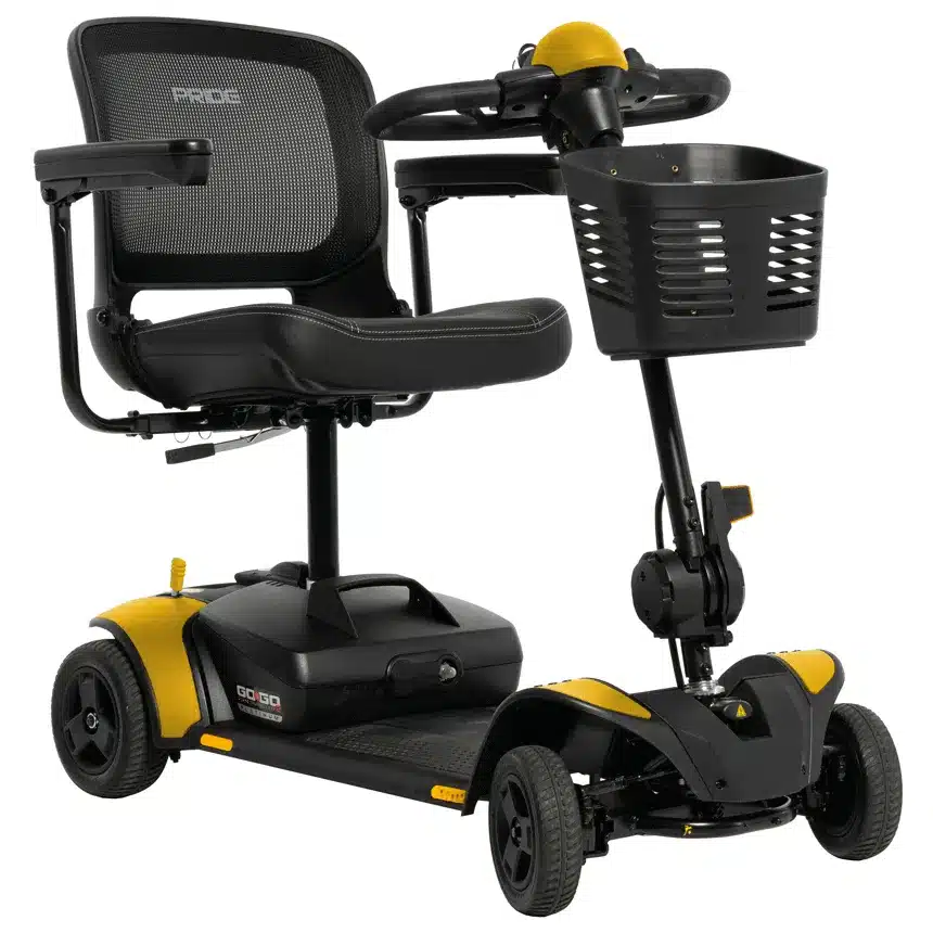 Go Go Elite Traveller 2 Platinum four-wheeled mobility scooter featuring a black mesh seat, a front basket, and yellow accent panels.