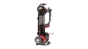 A Golden Technologies Buzzaround scooter, compatible with the Golden Technologies EX Bumper Kit, folded into an upright, compact position.