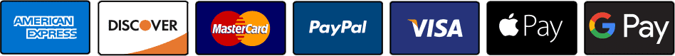 Icons of various payment methods including American Express, Discover, MasterCard, PayPal, Visa, Apple Pay, and Google Pay.