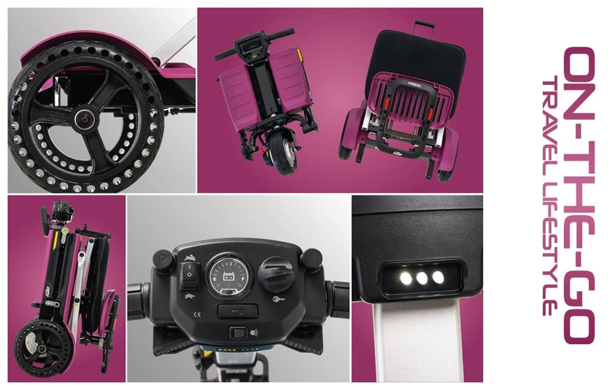 A collage of the I-GO FOLDING SCOOTER showcases its features: close-ups of the wheel and seat, a folded scooter, a control panel, and LED lights. Bold text On-The-Go Travel Lifestyle appears on a purple gradient background.