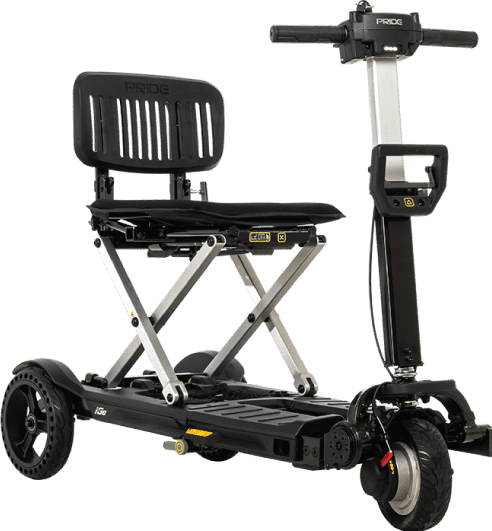 The I-GO FOLDING SCOOTER by Pride Mobility includes a stylish black seat, adjustable handlebar, and three wheels for easy maneuverability. It features prominent branding on the seat and stem for a polished appearance.